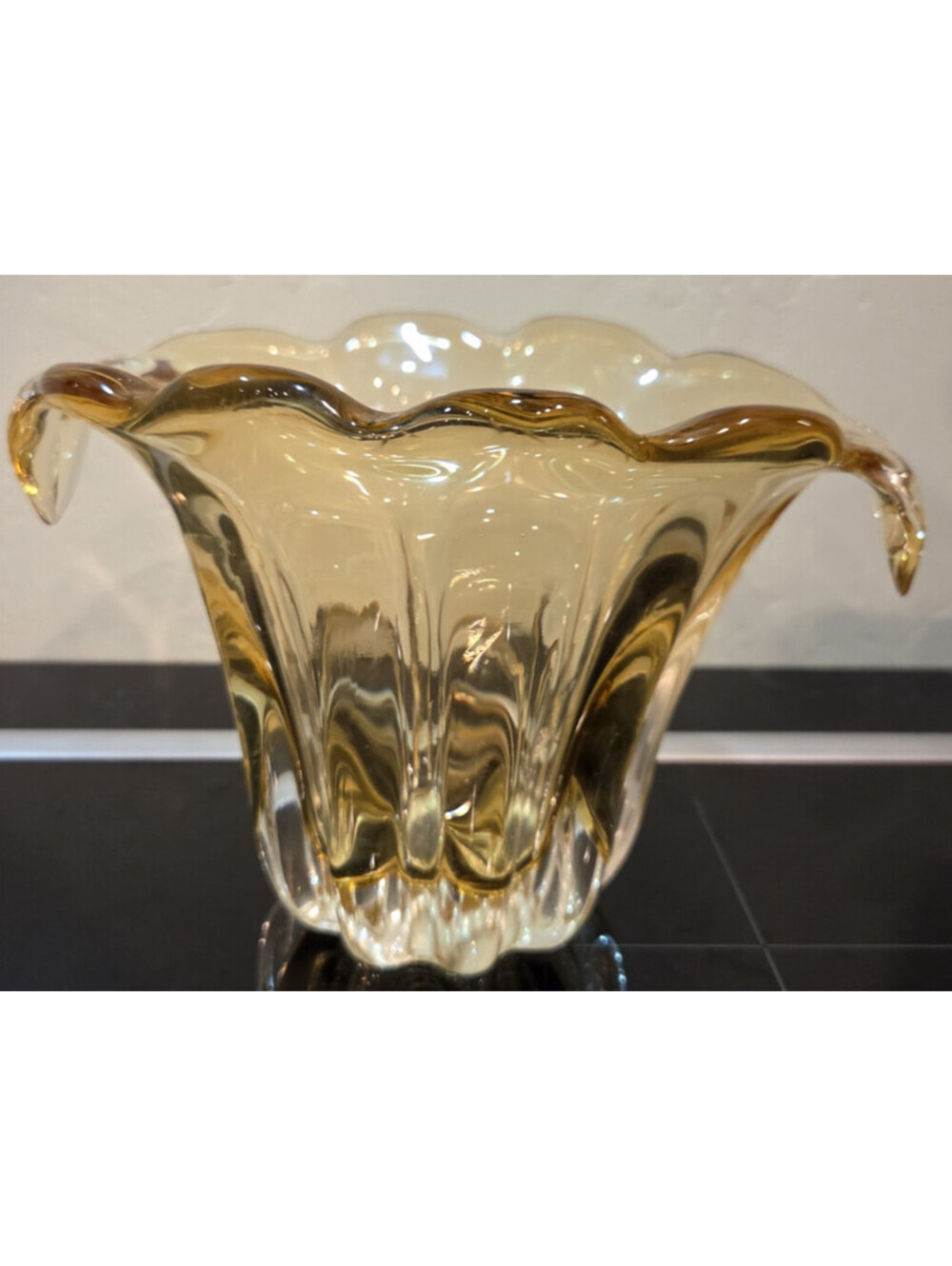 Vintage Murano Style Amber Golden Art Glass Freeform Ruffled Bowl Heavy